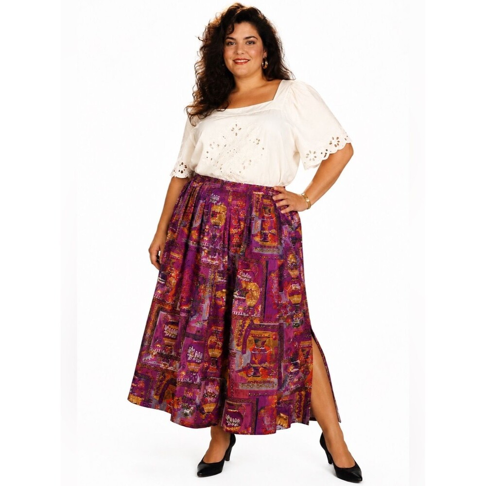Vintage 100% Silk Skirt 24W Purple Vase Print Pleated Midi Plus Size Artsy Boho